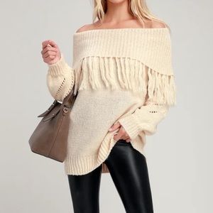Tuolumne Cream Fringe Off-the-Shoulder Sweater Lulus